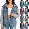 thumbnail image 1 of Womens Color Block Denim Jacket Trendy Detachable Hood Button Up Casual Loose Fit Jean Jacket, 1 of 8