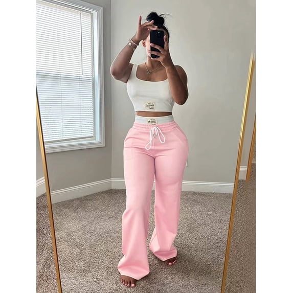 Womens Color Block Double Waistband Oversized Streetwear Pants Two Piece Set Casual Pink XL