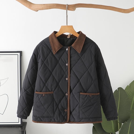 Womens Color Block Down Puffer Jacket Lapel Button Front With Pockets For Fashionable Winter Warmth Womens Winter Coats