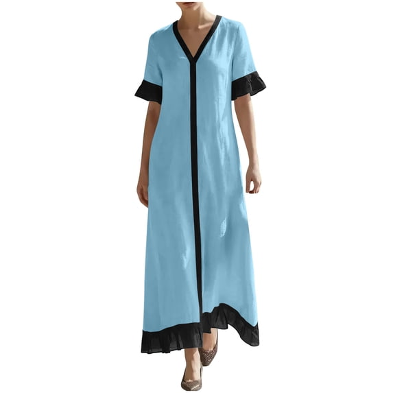 Womens Color Block Elegant Summer Linen Maxi Dresses, Loose V Neck Ruffle Hem Short Sleeve Wedding Guests Dresses