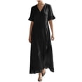 thumbnail image 1 of Womens Color Block Elegant Summer Linen Maxi Dresses, Loose V Neck Ruffle Hem Short Sleeve Wedding Guests Dresses, 1 of 7