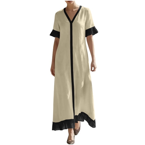 Womens Color Block Elegant Summer Linen Maxi Dresses, Loose V Neck Ruffle Hem Short Sleeve Wedding Guests Dresses