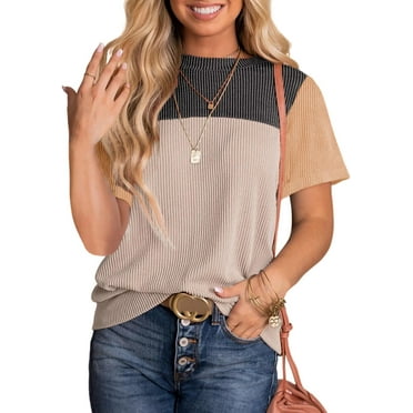 Womens Color Block Fashion Short Sleeve Crewneck Knitted Spring Summer Casual Loose T Shirts Tops