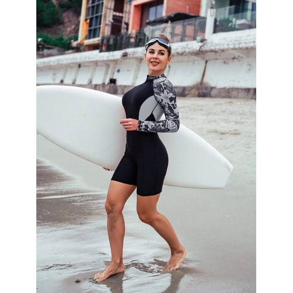 Womens Color Block Floral Print Long Sleeve One Piece Surf Wetsuit High Neck Front Zip Boy Short Leg Swimsuit Stretch Quick Dry Sport Bathing Suit for Surf Snorkel Dive Beach Training S-XL