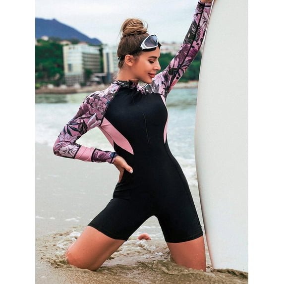 Womens Color Block Floral Print Long Sleeve One Piece Surf Wetsuit High Neck Front Zip Boy Short Leg Swimsuit Stretch Quick Dry Sport Bathing Suit for Surf Snorkel Dive Beach Training S-XL