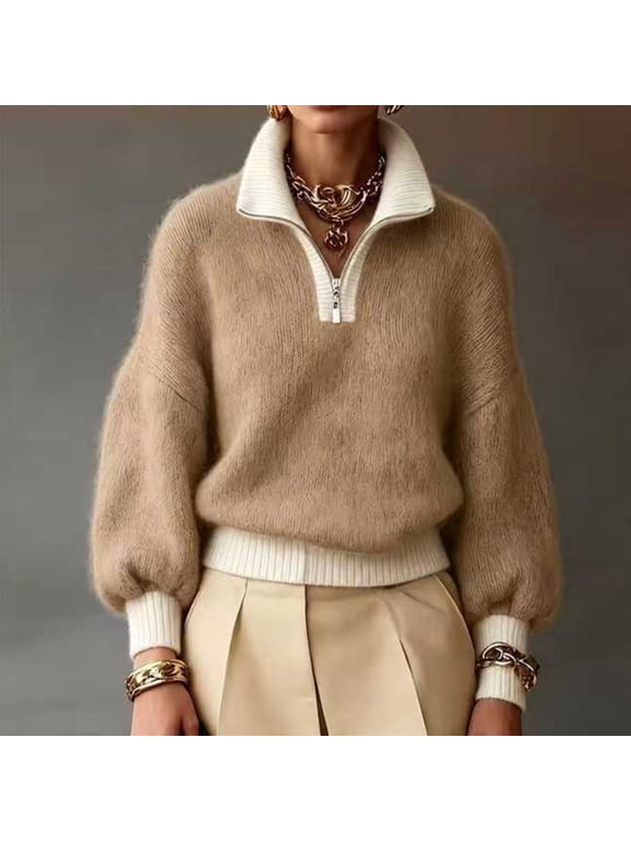 Womens Color Block Half Zip Collared Knit Sweater Balloon Long Sleeve Loose Fit Contrast Trim Knitted Pullover Casual Fall Winter Top Brown S