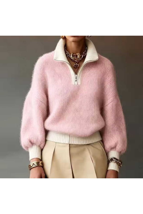 Womens Color Block Half Zip Collared Knit Sweater Balloon Long Sleeve Loose Fit Contrast Trim Knitted Pullover Casual Fall Winter Top Pink S