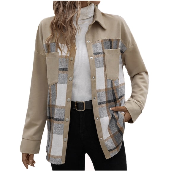 Womens Color Block Jackets Long Sleeve Lapel Snap Buttons Coats Tops Fall Casual Patchwork Checked Jacket Blouses Khaki M