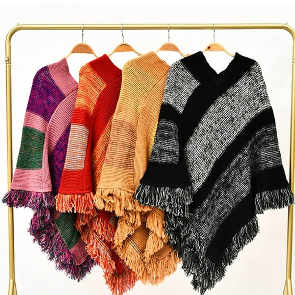 Womens Color Block Knit Poncho with Fringe Detail Multi Functional Cape and Shawl for Fall