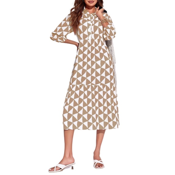 Womens Color Block Long Sleeve Boho Midi Dress Casual Beach Button Down Shirt Dress