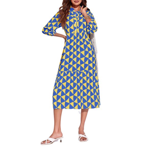 Womens Color Block Long Sleeve Boho Midi Dress Casual Beach Button Down Shirt Dress
