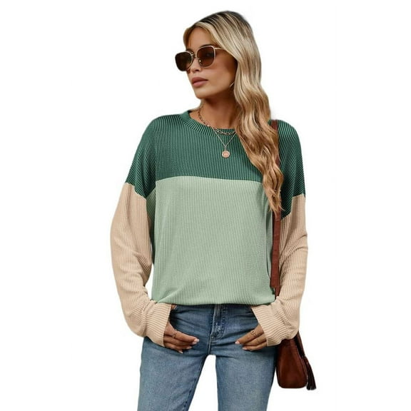 Womens Color Block Long Sleeve Crewneck Knitted Casual Loose Pullover Shirts Tops Light Green XL