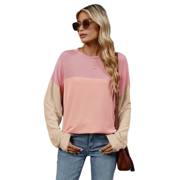 Womens Color Block Long Sleeve Crewneck Knitted Casual Loose Pullover Shirts Tops Light Pink L