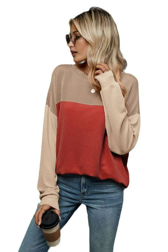 Womens Color Block Long Sleeve Crewneck Knitted Casual Loose Pullover Shirts Tops Red S