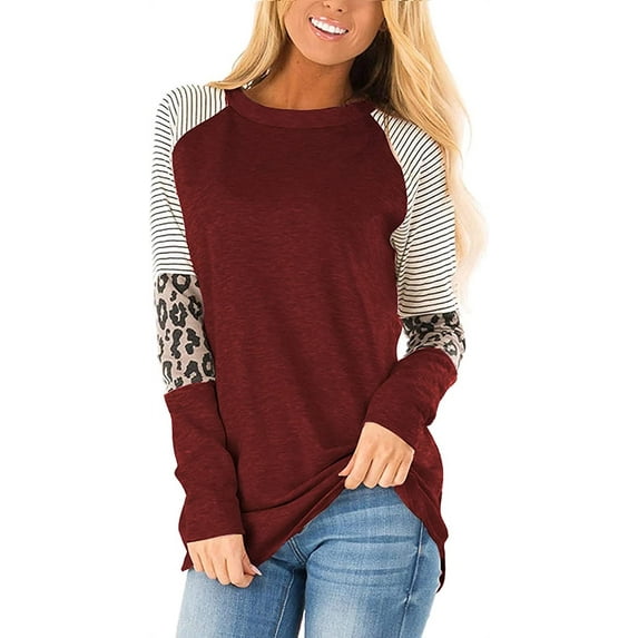 Womens Color Block Long Sleeve Leopard Print Tops Round Neck Striped Loose Casual Shirts Tunic Tops