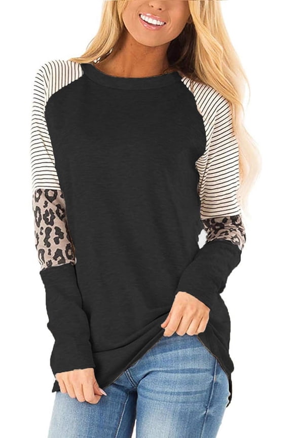 Womens Color Block Long Sleeve Leopard Print Tops Round Neck Striped Loose Casual Shirts Tunic Tops