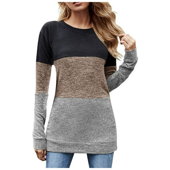 Womens Color Block Patchwork Tunic Tops Crewneck Long Sleeve Dressy Casual T Shirts Loose Comfy Basic Fall Blouses Tops