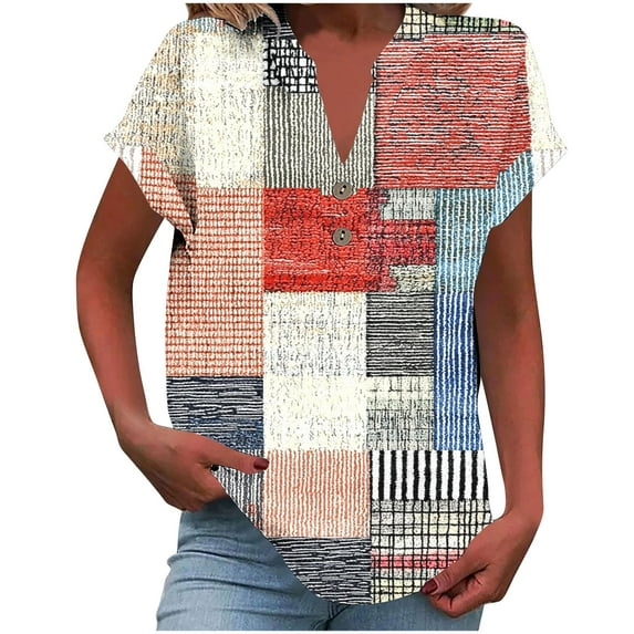 Womens Color Block Pattern Tunic Blouses Round Neck T-Shirt 3/4 Sleeve Shirts Classic Fit Tunic Tops Dressy Causal Tee Shirts Going Out Beach Clothes Trendy 2025 Summer