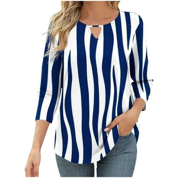 Womens Color Block Pattern Tunic Blouses Round Neck T-Shirt 3/4 Sleeve Shirts Classic Fit Tunic Tops Dressy Causal Tee Shirts Going Out Beach Clothes Trendy 2025 Summer
