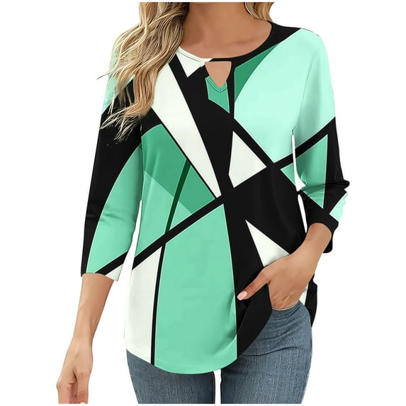 Womens Color Block Pattern Tunic Blouses Round Neck T-Shirt 3/4 Sleeve Shirts Classic Fit Tunic Tops Dressy Causal Tee Shirts Going Out Beach Clothes Trendy 2025 Summer