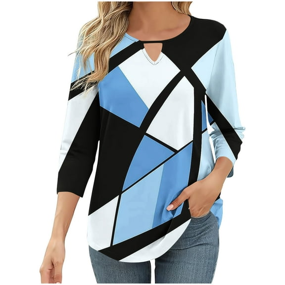 Womens Color Block Pattern Tunic Blouses Round Neck T-Shirt 3/4 Sleeve Shirts Classic Fit Tunic Tops Dressy Causal Tee Shirts Going Out Beach Clothes Trendy 2025 Summer