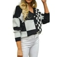 thumbnail image 1 of Womens Color Block Plaid Button Down Cardigan Long Sleeve Cable Knit Checkered Sweaters Tops Y2k Aesthetic Clothes Black S, 1 of 10