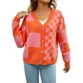 thumbnail image 1 of Womens Color Block Plaid Button Down Cardigan Long Sleeve Cable Knit Checkered Sweaters Tops Y2k Aesthetic Clothes Orange L, 1 of 10