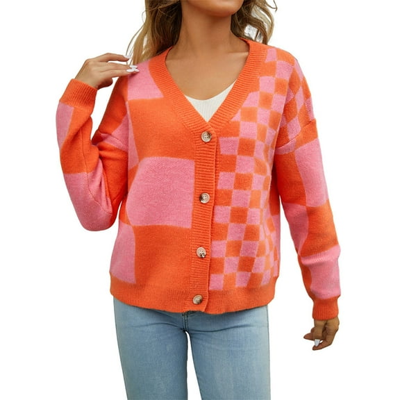 Womens Color Block Plaid Button Down Cardigan Long Sleeve Cable Knit Checkered Sweaters Tops Y2k Aesthetic Clothes Orange L
