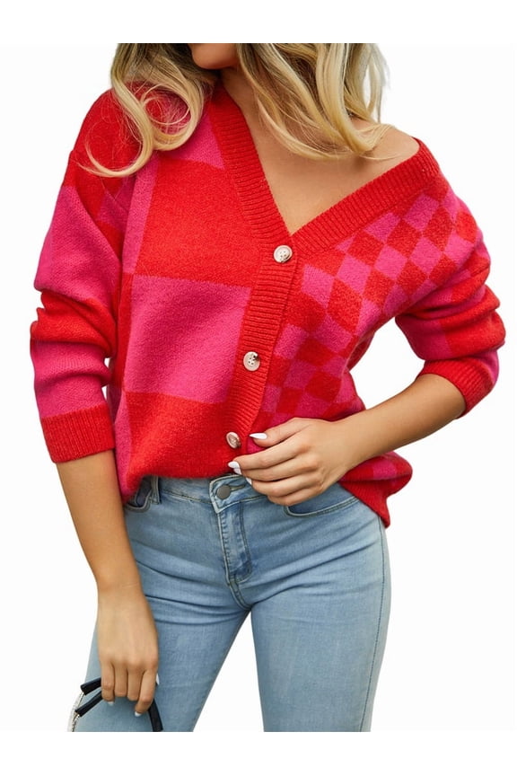 Womens Color Block Plaid Button Down Cardigan Long Sleeve Cable Knit Checkered Sweaters Tops Y2k Aesthetic Clothes Red M