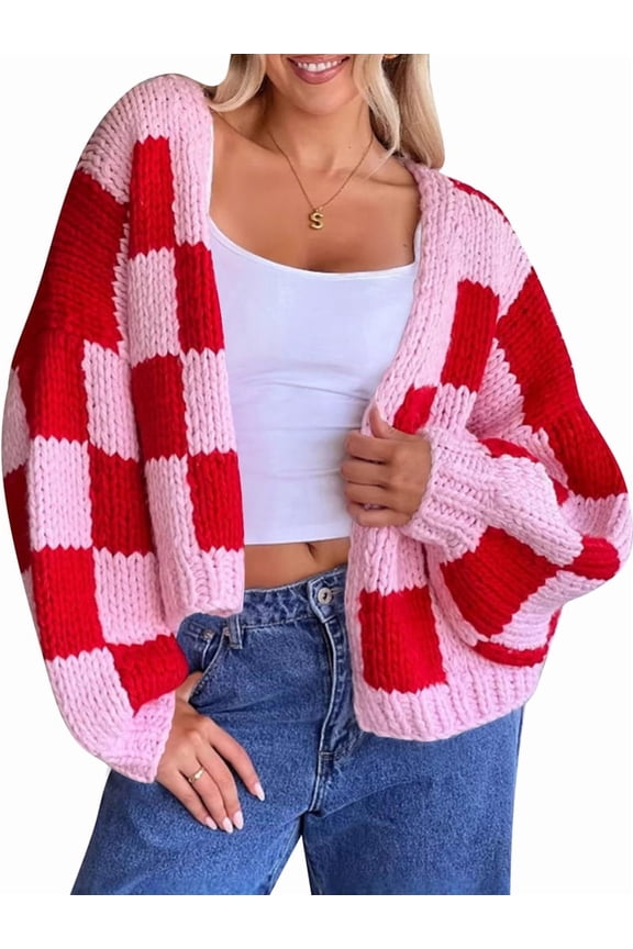 Womens Color Block Plaid Cardigan Sweater Long Sleeve Cropped Knit Open Front Sweaters Outwears Red M