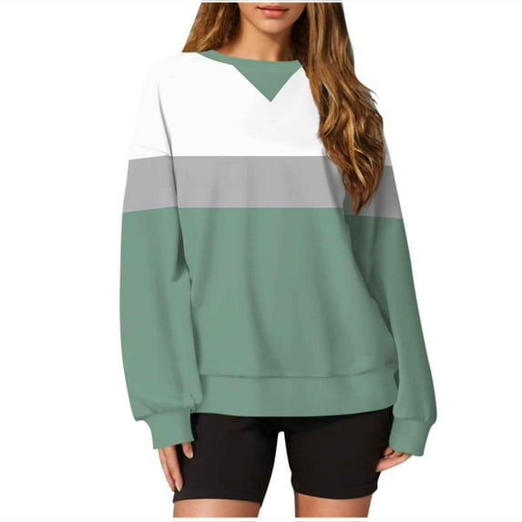 Womens Color Block Plus Size Sweatshirts Casual Loose Fitting Crew Neck Long Sleeve Tops Fall Trendy Pullover Hoodies