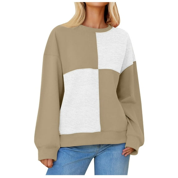 Womens Color Block Pullover Tops Oversized Plaid Sweatshirts Long Sleeve Crewneck Tee Casual Loose Fall Blouse (Khaki L)