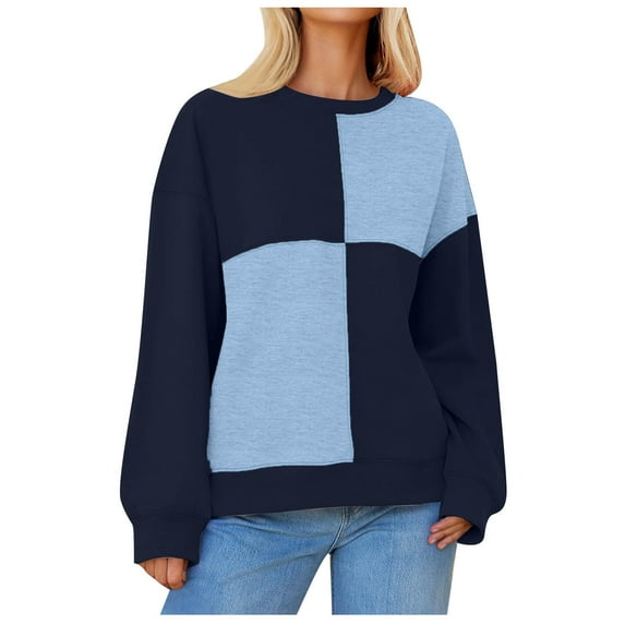 Womens Color Block Pullover Tops Oversized Plaid Sweatshirts Long Sleeve Crewneck Tee Casual Loose Fall Blouse (Navy L)