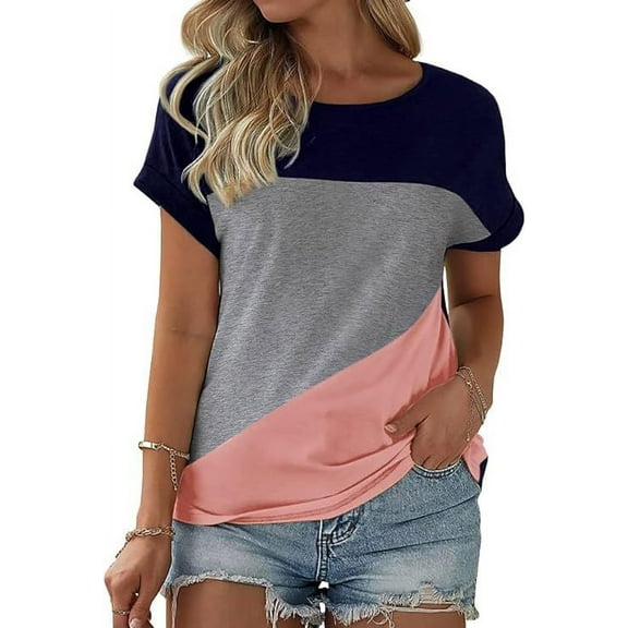 Womens Color Block Short Sleeve Tops Casual Summer T-Shirt, Pink/Grey/Navy Blue, Small