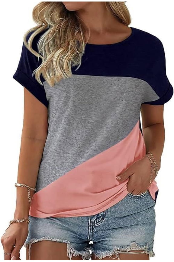 Womens Color Block Short Sleeve Tops Casual Summer T-Shirt, Pink/Grey/Navy Blue, Small