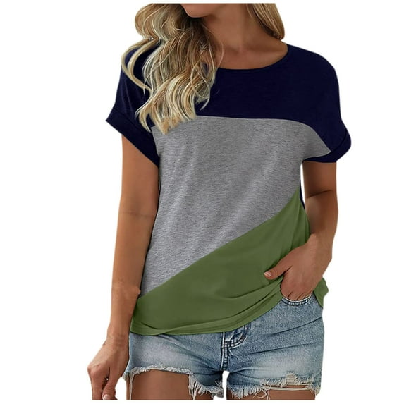 Womens Color Block Short Sleeve Tops Casual Summer T-Shirt