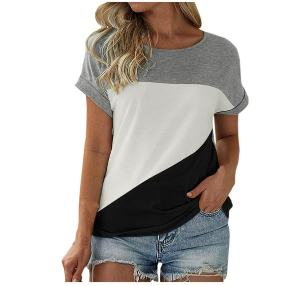 Womens Color Block Short Sleeve Tops Casual Summer T-Shirt