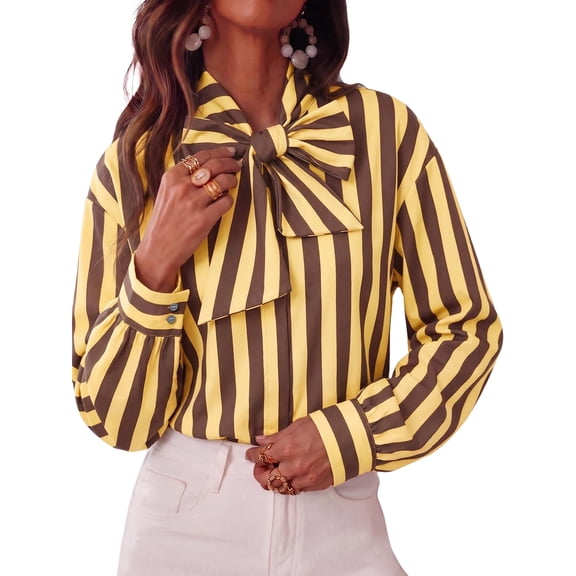 Womens Color Block Striped Button Down Shirts Bow Tie Neck Long Sleeve Tops,2XL