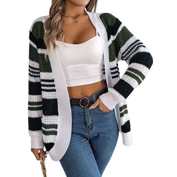 Womens Color Block Striped Cardigan Colorful Long Sleeve Open Front Knitted Cardigan Loose Outwear Coats Green L
