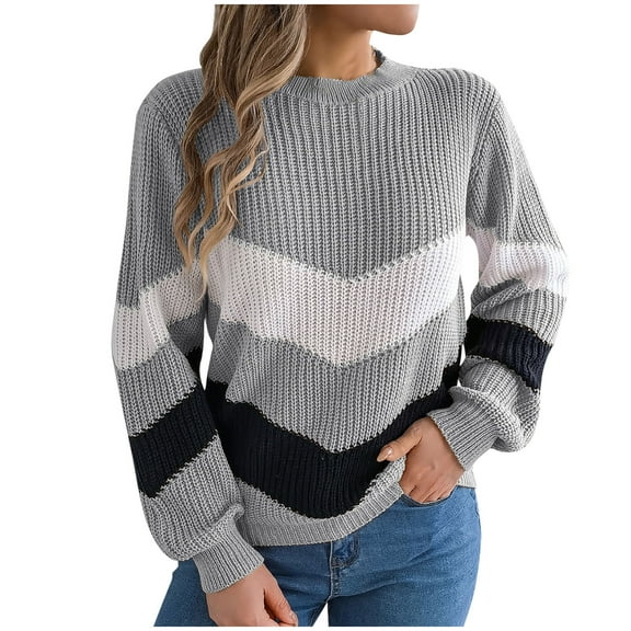 Womens Color Block Striped Sweater Fall Winter Casual Long Sleeve Knitted Sweaters Gray L