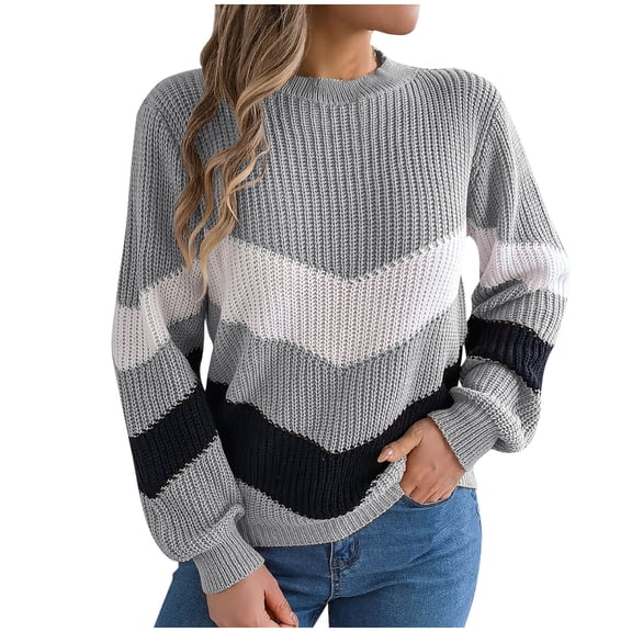 Womens Color Block Striped Sweater Fall Winter Casual Long Sleeve Knitted Sweaters Gray S
