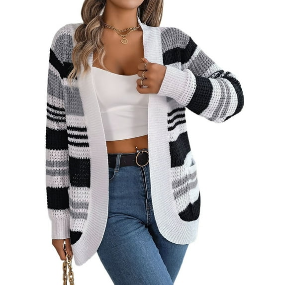 Womens Color Block Striped Sweaters Colorful Long Sleeve Open Front Knitted Cardigan Loose Outwear Coats Gray L