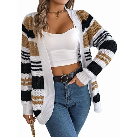 Womens Color Block Striped Sweaters Colorful Long Sleeve Open Front Knitted Cardigan Loose Outwear Coats Khaki L