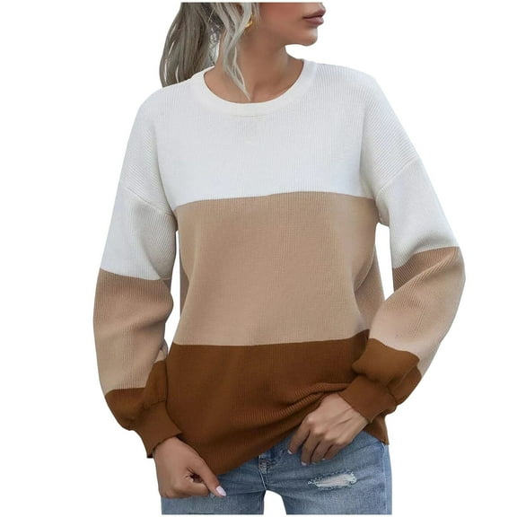 Womens Color Block Sweater 2025 Winter Fall Casual Loose Round Neck Long Sleeve Knitted Pullover Sweater Tops,White,L