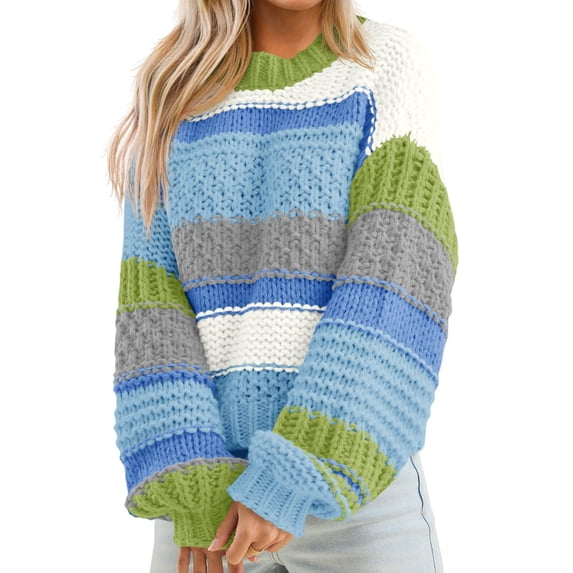 Womens Color Block Sweater Striped Chunky Knit Cropped Sweaters Crewneck Fall Long Sleeve Loose Pullover Tops