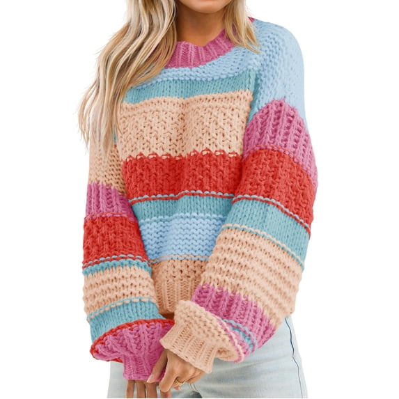 Womens Color Block Sweater Striped Chunky Knit Cropped Sweaters Crewneck Fall Long Sleeve Loose Pullover Tops