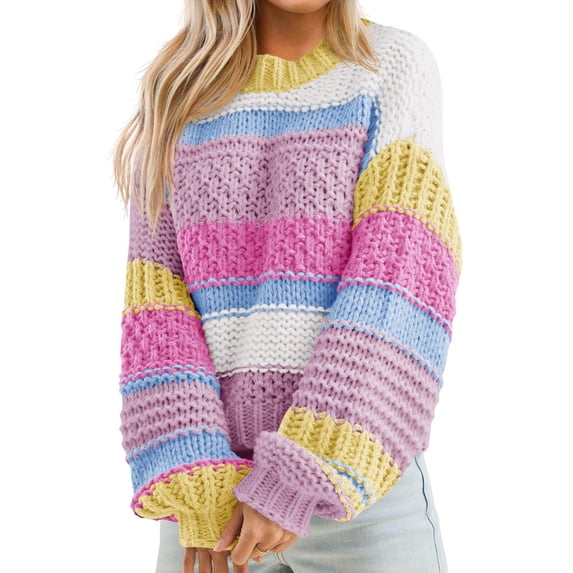 Womens Color Block Sweater Striped Chunky Knit Cropped Sweaters Crewneck Fall Long Sleeve Loose Pullover Tops