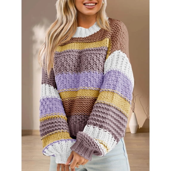Womens Color Block Sweater Striped Chunky Knit Cropped Sweaters Crewneck Fall Long Sleeve Loose Pullover Tops
