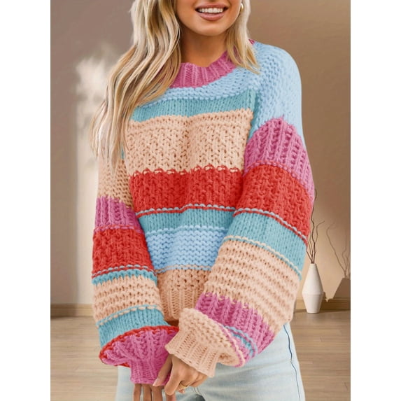 Womens Color Block Sweater Striped Chunky Knit Cropped Sweaters Crewneck Fall Long Sleeve Loose Pullover Tops