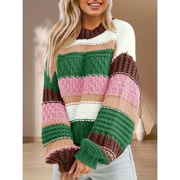 Womens Color Block Sweater Striped Chunky Knit Cropped Sweaters Crewneck Fall Long Sleeve Loose Pullover Tops